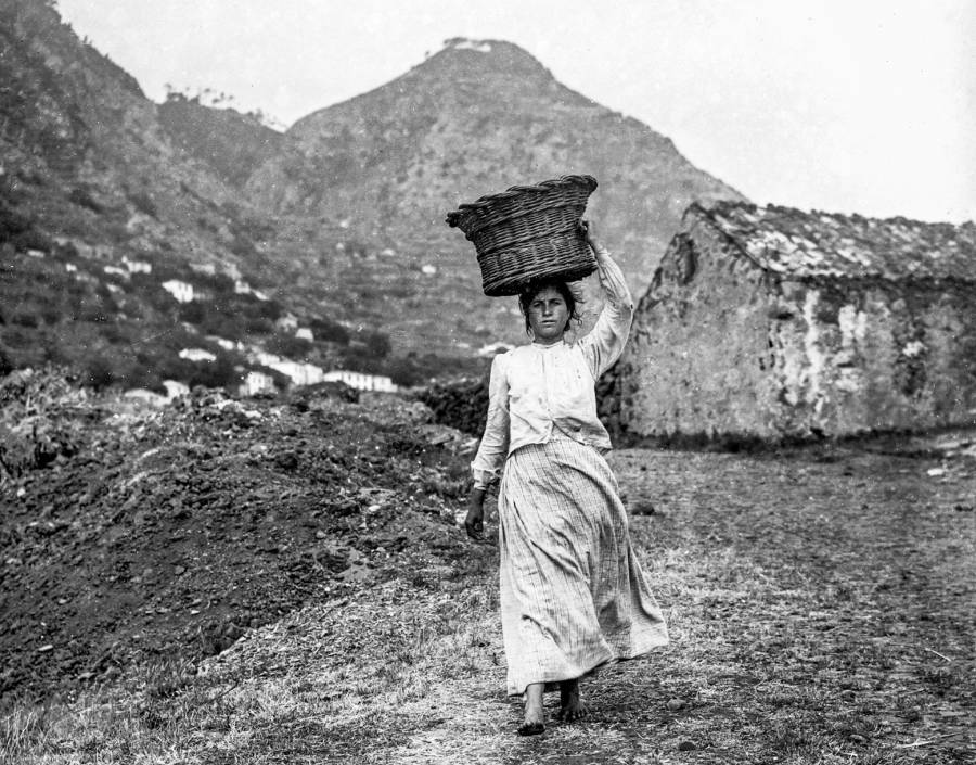 Retrato de uma jovem a transportar um cesto na cabeça