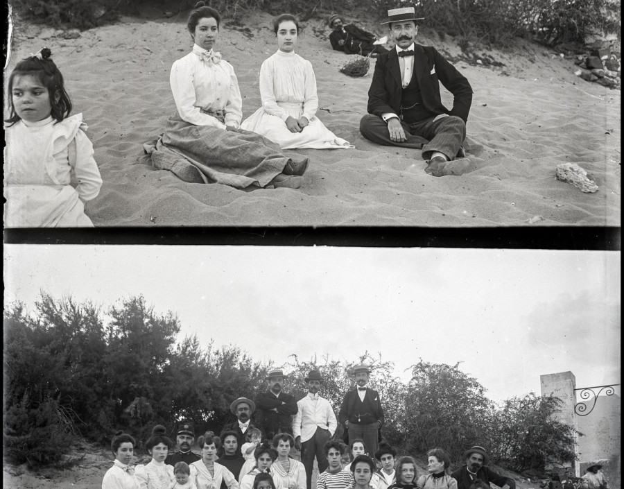 Retrato de um grupo de pessoas na praia da Ilha do Porto Santo Inícios do séc. XX.